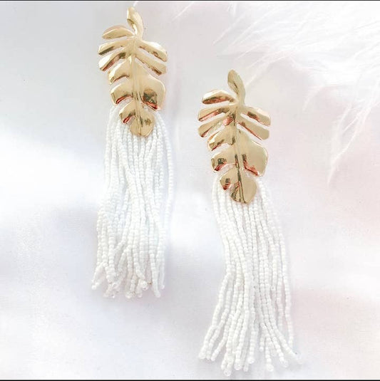 Gold Leaf White Tassel Earrings